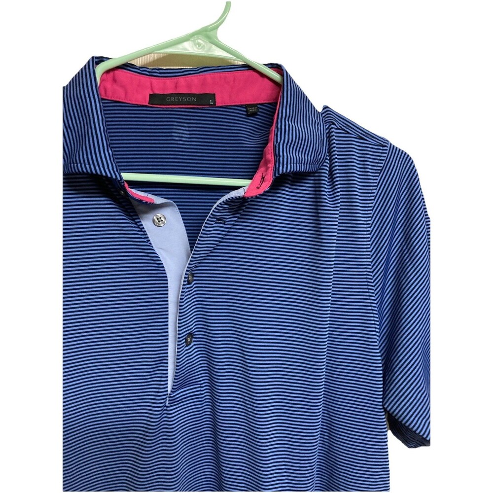 Men's Greyson Performance Polo Blue Black Striped Golf Size Large